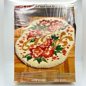Vintage Red Heart Latch Hook Kit 6619-03 Floral Oval Rug 18”x24” Mid Century NEW